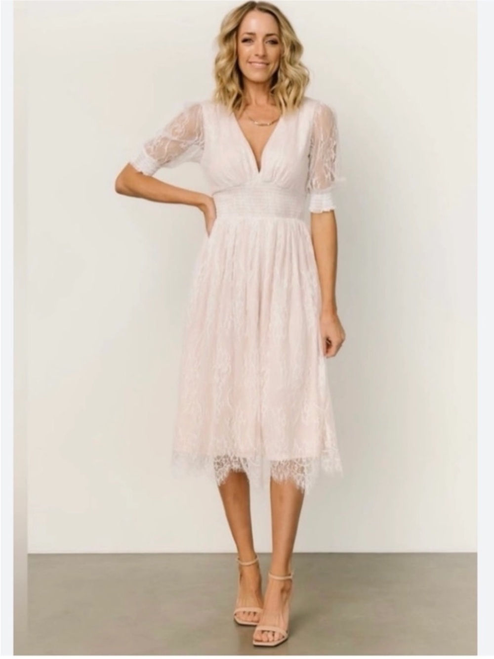 NWT Baltic Born Elaina Lace Midi Dress Off White Blush Smocked Puff Sleeves XL